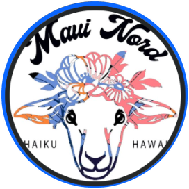 Maui Nord Farm Co. logo, a sheep wearing a floral wreath
